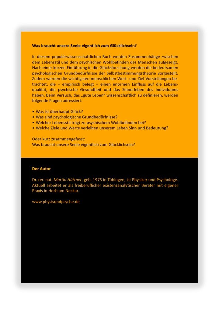 Buchrückseite "Über das Glück der Seele" Text auf der Buchrückseite mit Informationen zum Inhalt und zum Autor.
